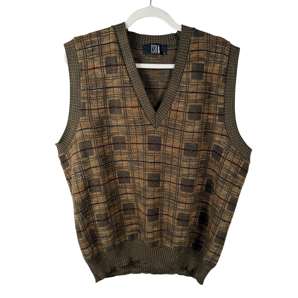 TSR Mens Large Vintage Plaid Knit Sweater Vest V-Neck Brown Acrylic Wool Blend